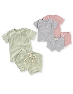 Summer Organic Cotton Ribbed Set Pajamas Shirt Shorts Toddlers 2T-4T